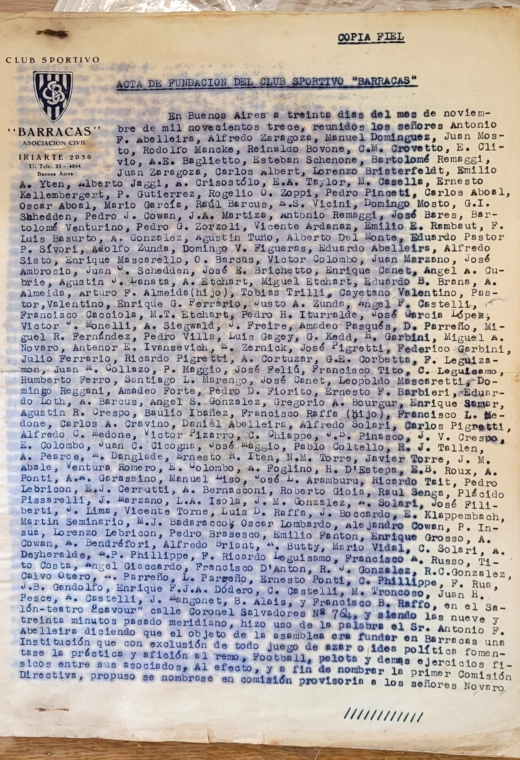 Acta de fundación de Sportivo Barracas - página 1