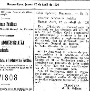 Decreto del Boletín Oficial que otorga la personería jurídica a Sportivo Barracas, jueves 22 de abril 1920.