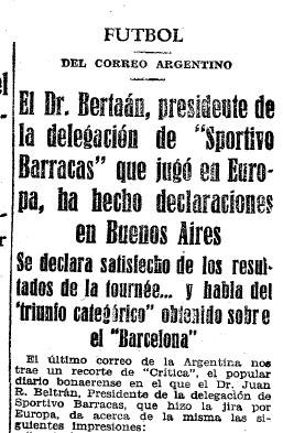 Triunfo de Sportivo Barracas en Barcelona en 1929